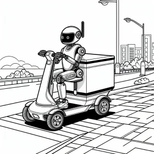 Autonomous delivery robot scooter on sidewalk coloring page