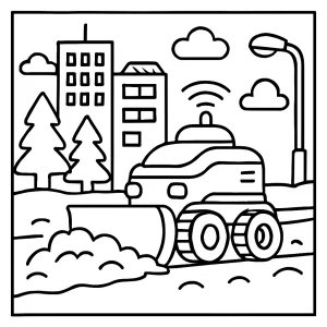 Autonomous snowplow robot coloring page – free printable winter tech scene for kids