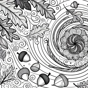 Autumn leaves and acorns mandala with swirling wind lines for coloring