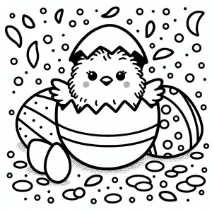 Baby chick emerging from a decorated egg with confetti