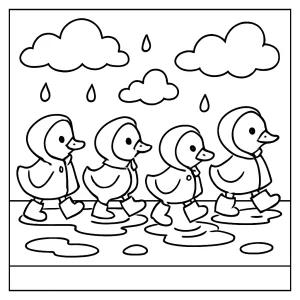 coloring page with baby geese wearing raincoats and galoshes marching along a puddle path