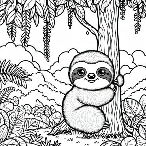 Baby sloth hugging a tree trunk in a rainforest with clouds and vines