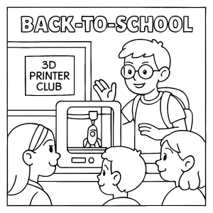 3D Printer Club Demo back-to-school coloring page with kids watching a 3D printer in action
