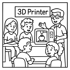 3D printer club back-to-school demo coloring page with students, teacher, and technology for kids to print and color
