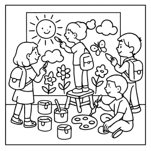 Back-to-school art mural collaboration coloring page featuring children painting a mural together