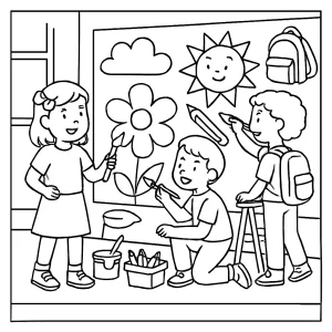Back-to-school art mural collaboration coloring page showing kids painting a school mural together