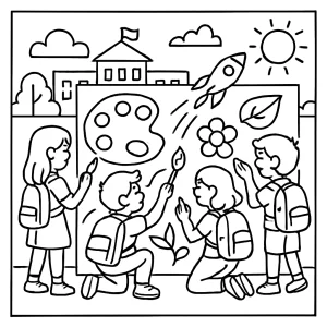 Back-to-school art mural collaboration coloring page with kids painting a mural together