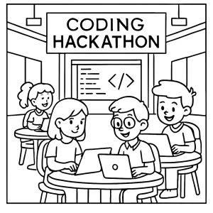 Back-to-school coding hackathon arena coloring page with students, laptops, and tech-themed decor.