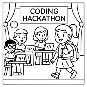 Back-to-school coding hackathon arena coloring page with kids, laptops, and teamwork in a tech-filled setting
