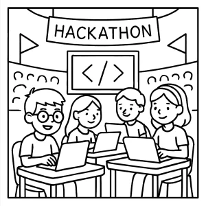 Back-to-school coding hackathon arena coloring page with students, laptops, and collaborative STEM activities.