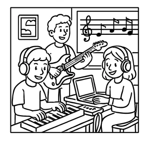 Digital music lab jam coloring page with kids playing digital instruments in a classroom, free printable for back to school