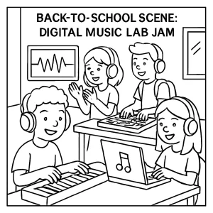 Digital music lab jam coloring page with kids playing instruments and computers in a school setting