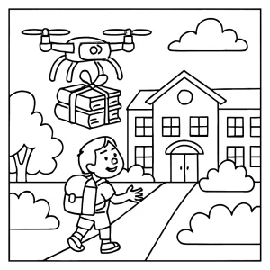 Back-to-school coloring page with a drone delivering textbooks to students outside a school