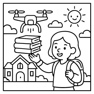 Back-to-school coloring page with a drone delivering textbooks to students outside a school