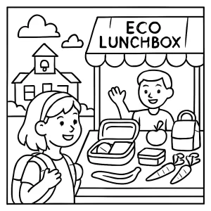Back-to-school eco lunchbox market coloring page with kids and healthy snacks