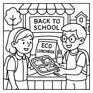 Eco Lunchbox Market Back-to-School coloring page showing children shopping for reusable lunchboxes at a vibrant school market.