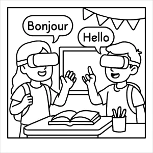 Back-to-school language VR exchange coloring page with kids using virtual reality headsets in a classroom setting