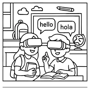 Back-to-School Language VR Exchange coloring page with kids using VR headsets in a lively classroom