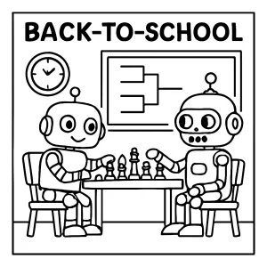 Robotic chess tournament coloring page with robots playing chess in a classroom, back-to-school theme, free printable