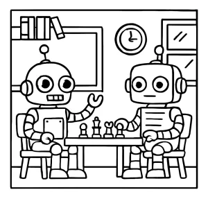 Robotic chess tournament back-to-school coloring page with robots playing chess in a school classroom