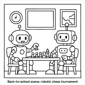 Robotic chess tournament coloring page featuring robots playing chess at school, free printable for kids