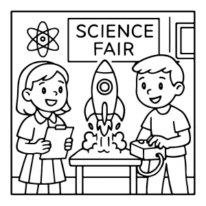 Science fair rocket test coloring page with students testing rockets at a school fair