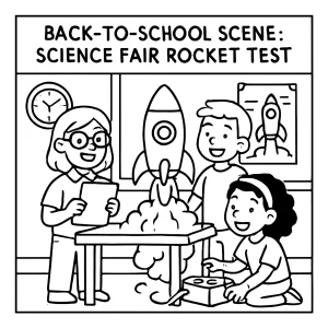 Science fair rocket test coloring page featuring kids launching a rocket at school