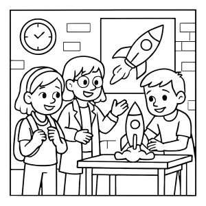 Science fair rocket test coloring page for kids – free printable scene with students and a rocket launch.