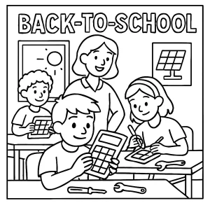 Back-to-school solar calculator workshop coloring page with kids and teacher assembling solar calculators in a classroom