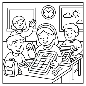 Solar calculator workshop coloring page for kids showing children in a classroom learning about solar-powered calculators