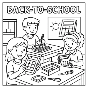 Back-to-school solar calculator workshop coloring page with kids and teachers assembling calculators in a classroom setting.