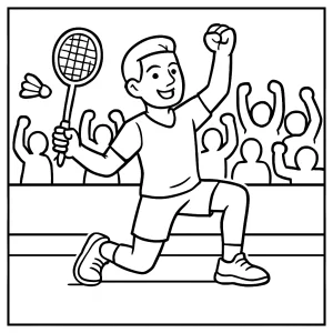 Badminton athlete with cheering crowd coloring page for kids to print and color