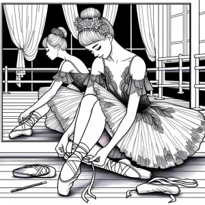 Balletcore dancer tying satin ribbons in mirrored studio coloring page