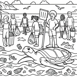 Children collecting plastic on the beach with a cheering sea turtle