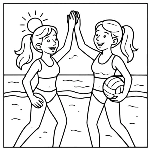Beach Volleyball Sisters High Five coloring page – two girls on the sand celebrating a win, free printable activity for kids