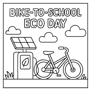 Bike-to-School Eco Day poster coloring page with bikes, students, and a solar charging station illustration to print and color