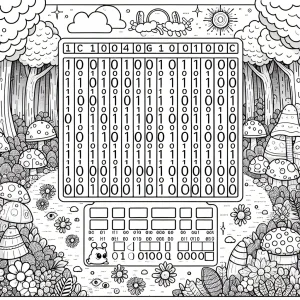 Binary code worksheet coloring page for kids with ASCII table decoding activity