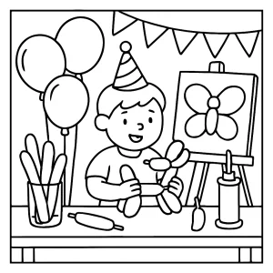 Balloon art studio birthday party coloring page featuring balloons, party hats, and kids celebrating in a studio.