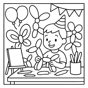 Balloon Art Studio Birthday Party coloring page with children making balloon animals and decorations