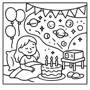 Galaxy projection sleepover birthday party coloring page with kids, stars, and space decorations