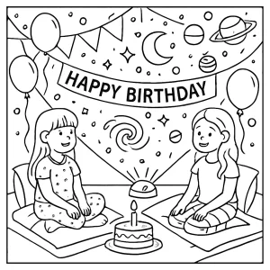 Page de coloriage fête d'anniversaire pyjama party galaxie avec projections d’étoiles et enfants sous couvertures