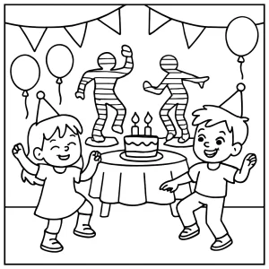 page de coloriage gratuite sur le thème fête d'anniversaire avec danseurs et hologrammes