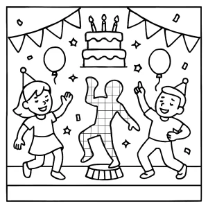 Printable hologram dance-off birthday party coloring page for kids