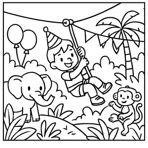 Jungle Zipline Quest Birthday coloring page with kids zipping through the jungle, animals, and party decorations