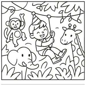 Jungle zipline quest birthday coloring page with kids, animals, and party decorations