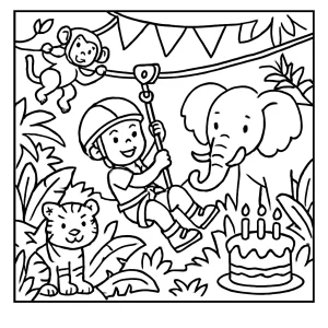 Jungle Zipline Quest Birthday coloring page – printable activity for kids with zipline, jungle animals, and party decorations
