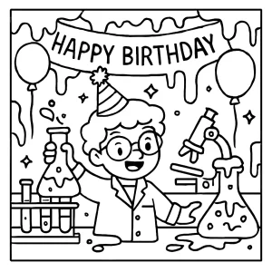 Neon slime laboratory birthday party coloring page with bubbling beakers, slime, and festive decorations