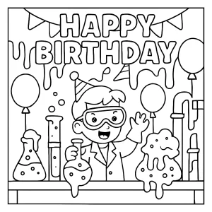 Neon slime laboratory birthday party coloring page with bubbling beakers, glowing slime, and party decorations