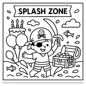 Pirate Treasure Splash Zone Birthday coloring page with pirates, treasure chest, and water games