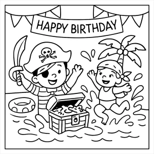 Pirate Treasure Splash Zone Birthday coloring page with pirates, treasure chest, and splashy party scene